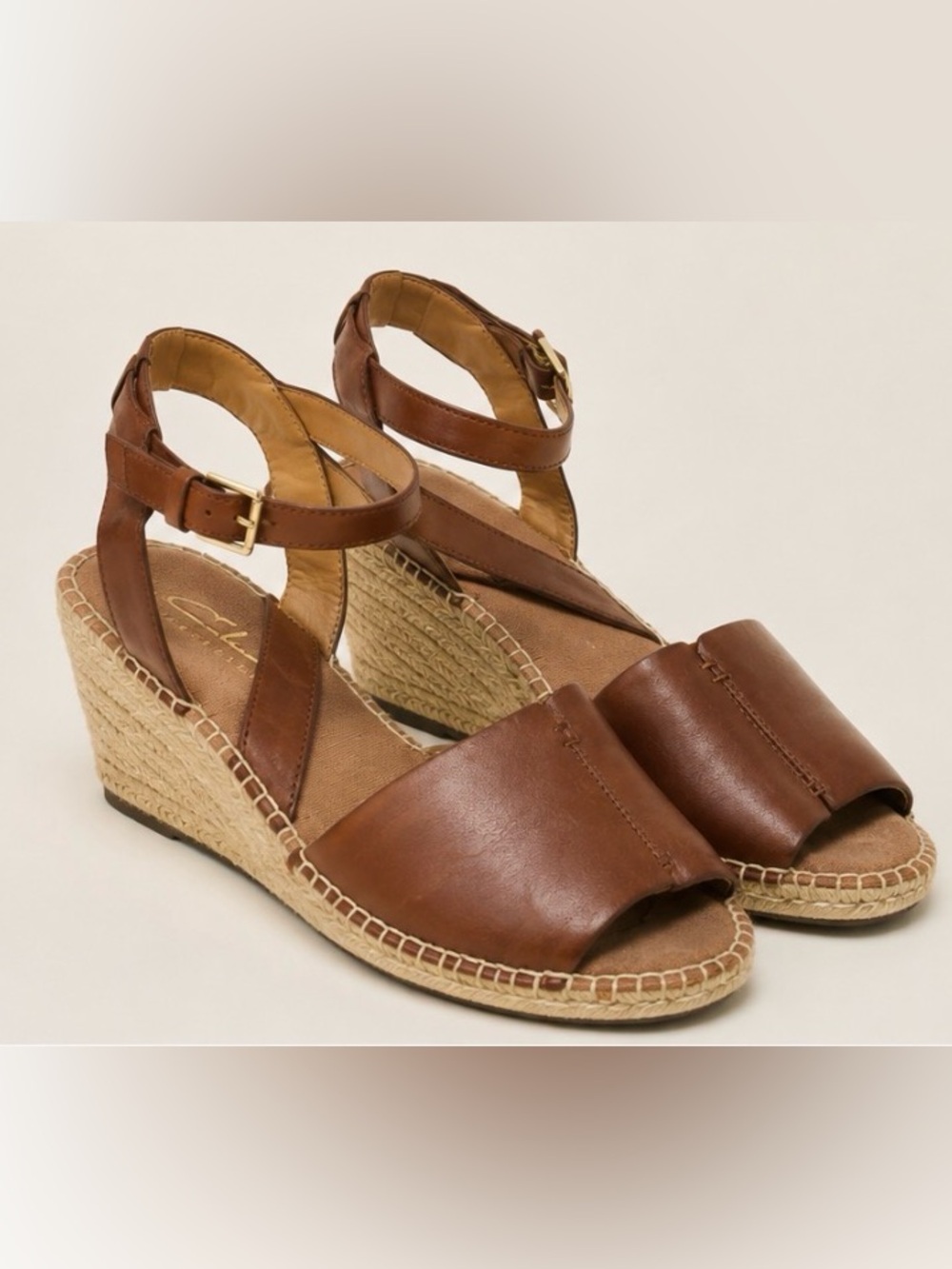 Clarks Artisan Brown Leather Espadrille Wedge Sandals with Ankle Strap